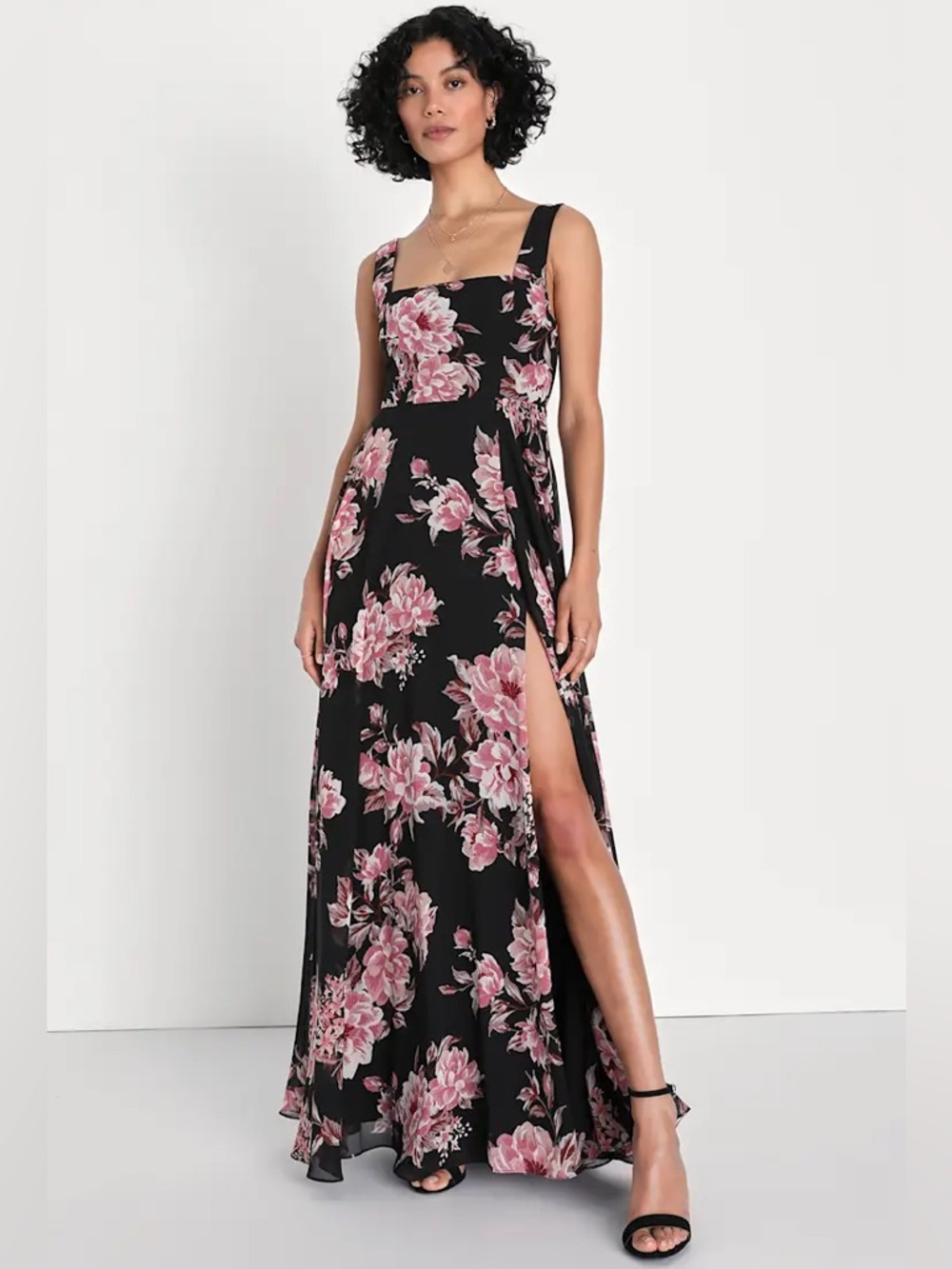 Lulu’s Black Floral Print Bow Strap Maxi Dress, Size XS